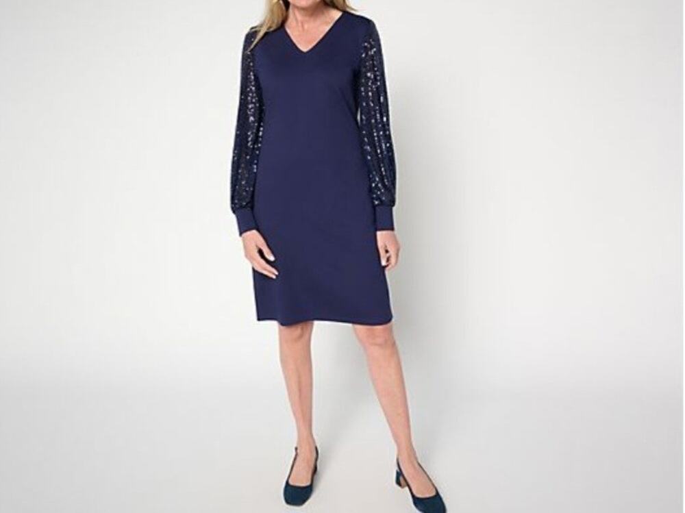 Jingle Belles Kim Gravel Large Navy Ponte Knit Dress Sequin Sleeves A708381 NWOT